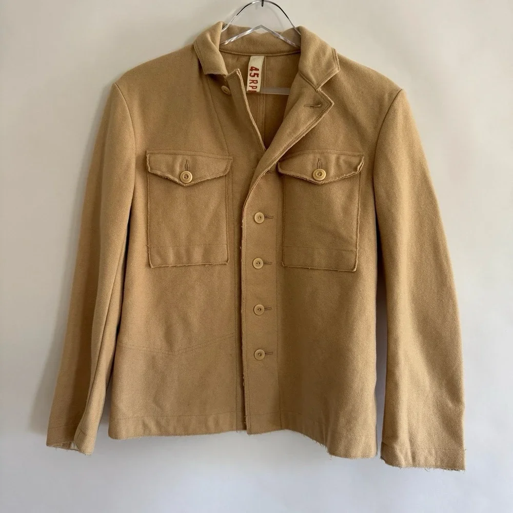 45 RPM Mens Wool Cashmere Coat Shacket Jacket 3 Tan Made in Japan Quiet Luxury M
